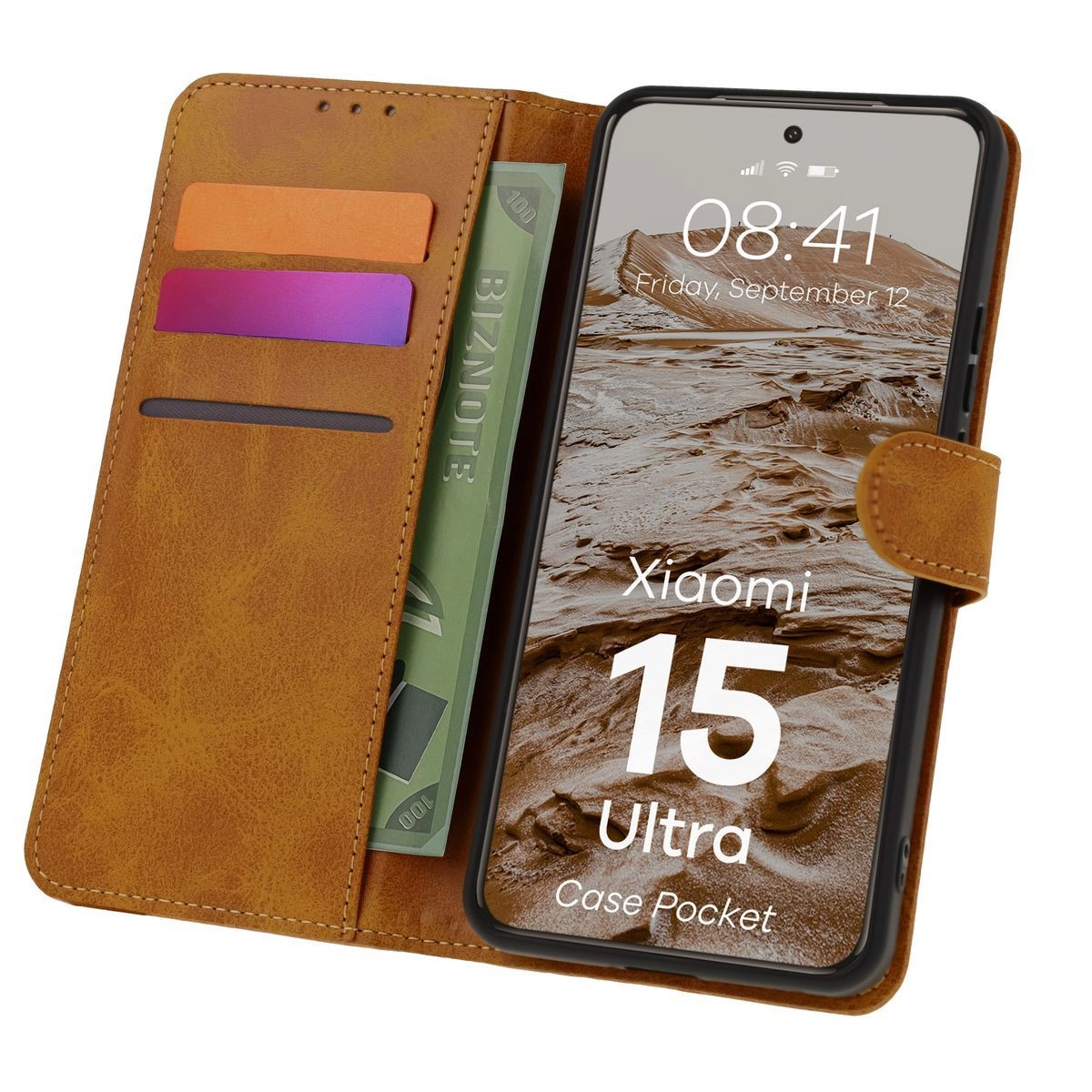 Bizon z klapką Pocket do Xiaomi 15 Ultra Brązowy