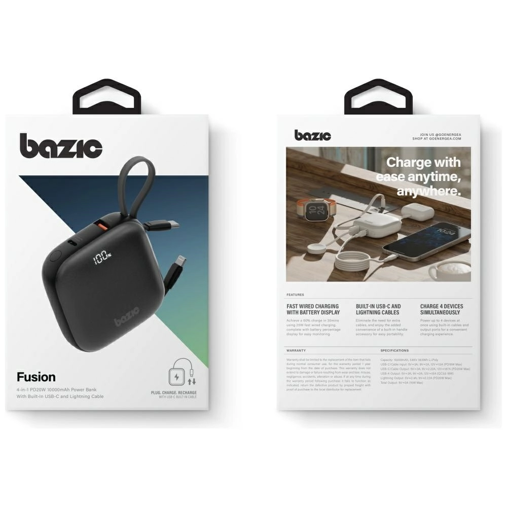 Powerbank Bazic Fusion 10000mAh PD 20W Wbudowany kabel USB-C/Lightning Czarny
