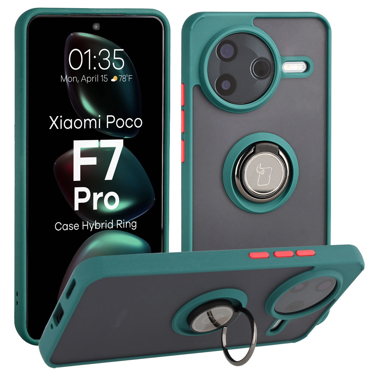 Etui Bizon z uchwytem na palec Hybrid Ring do Xiaomi POCO F7 Pro Przydymione z zieloną ramką