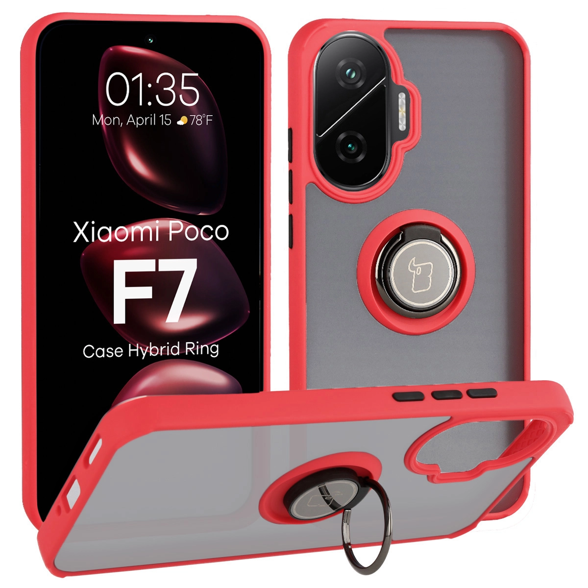 Etui Bizon z uchwytem na palec Hybrid Ring do Xiaomi POCO F7 Przydymione z czerwoną ramką