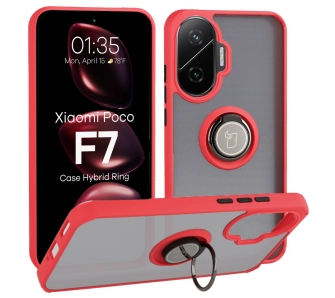 Etui Bizon z uchwytem na palec Hybrid Ring do Xiaomi POCO F7 Przydymione z czerwoną ramką