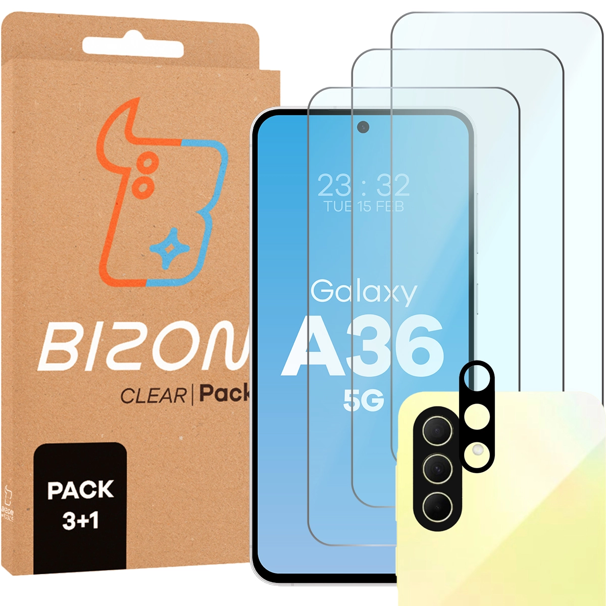 Zestaw ochronny Bizon 3x szkło + szybka na aparat Clear 2 Pack do Samsung Galaxy A36 5G