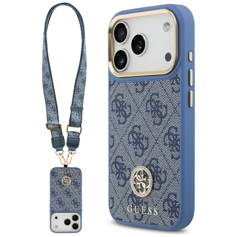 Etui Guess 4G Strass Logo & Big Strap Metal Buttons MagSafe do iPhone 17 Pro niebieski