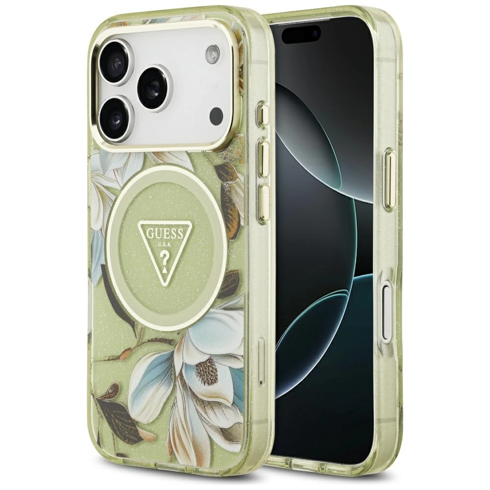 Etui Guess IML Glitter Flowers Triangle MagSafe do iPhone 17 Pro Max Zielony