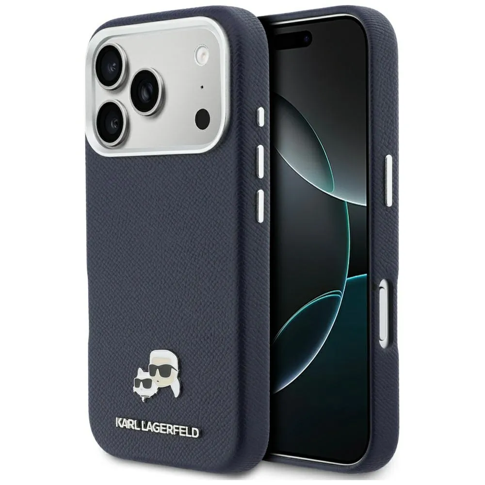 Etui Karl Lagerfeld Karl & Choupette Head Pins Saffiano MagSafe do iPhone 17 Pro Niebieski