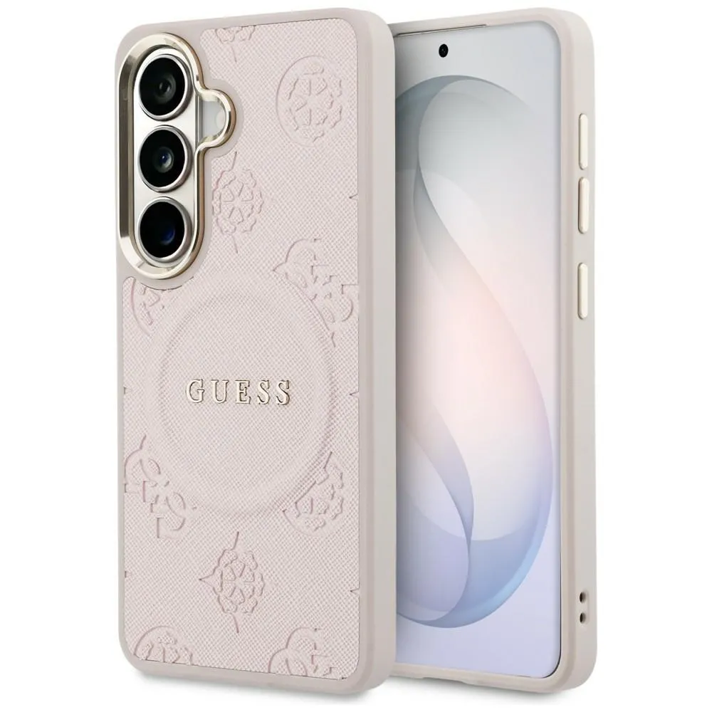 Etui Guess Saffiano Peony Embossed Ring MagSafe do Galaxy S26 Różowy
