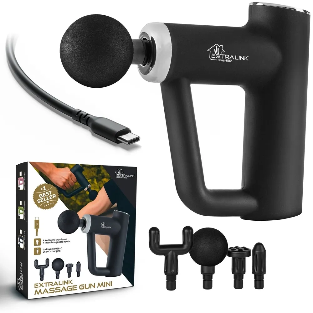 Pistolet do masażu Extralink Gun Mini MSG-03-MINI-BLACK 4 nakładki 3200obr/min 3h