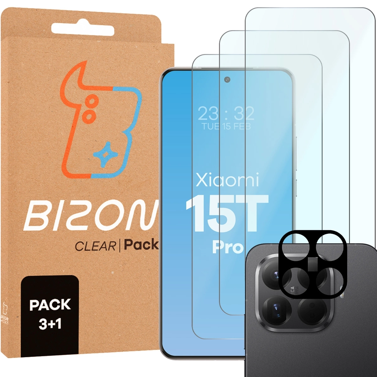 Folia hydrożelowa Bizon Szkło + szybka na aparat Glass Clear Pack do Xiaomi 15T Pro 3 sztuki