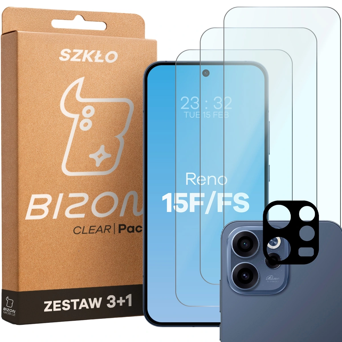 Zestaw ochronny Bizon Szkło + szybka na aparat Glass Clear Pack do Oppo Reno 15 F / FS 3 sztuki