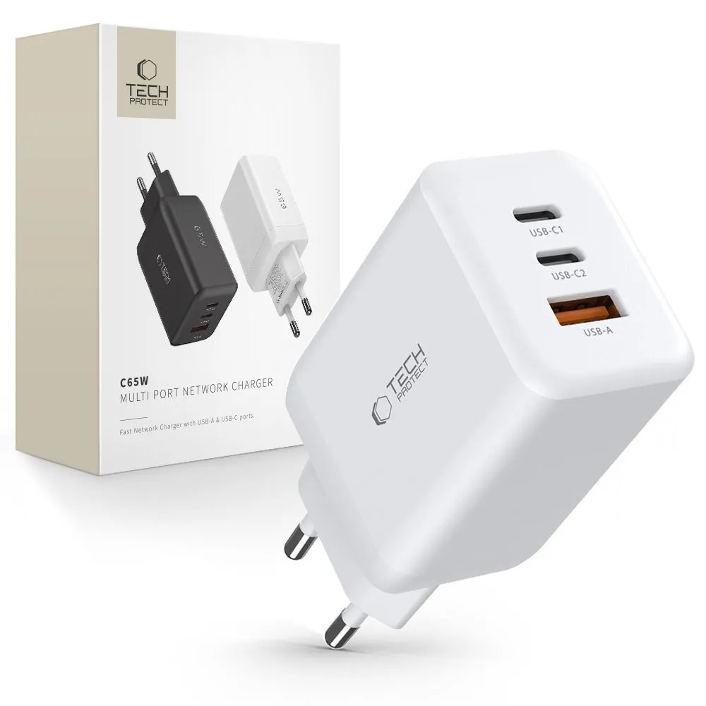 Ładowarka sieciowa Tech-Protect C65W QC3.0 PD 2x USB-C USB-A 65W Biały