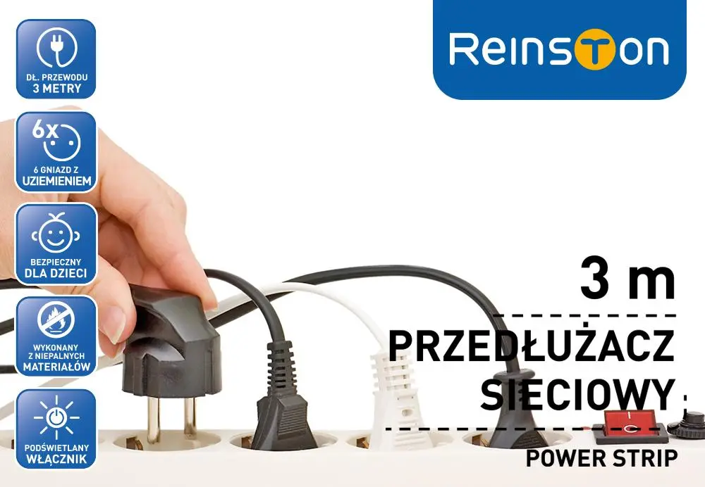 Przedłużacz Reinston EPRZ020 6 gniazd 3m Biały