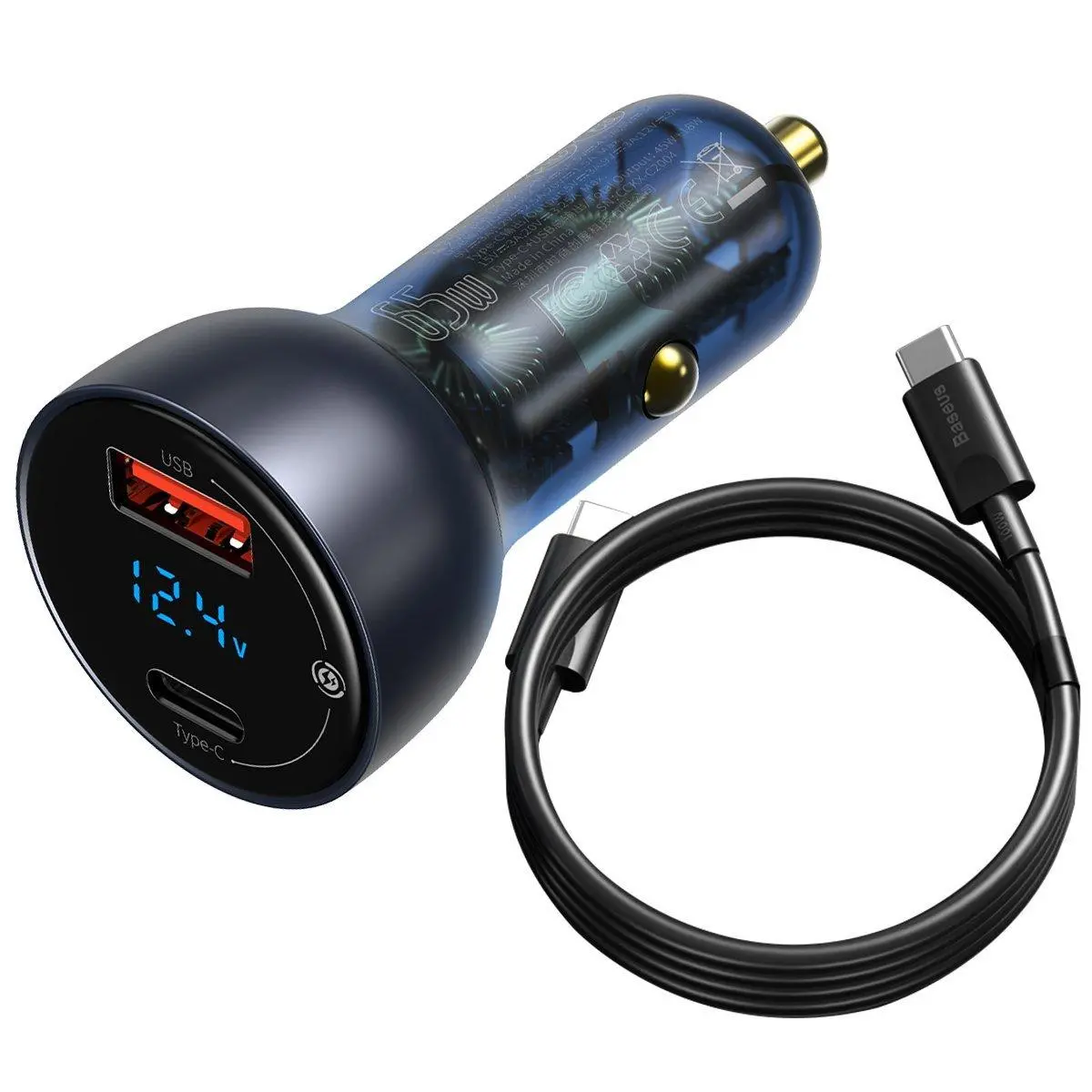 Ładowarka samochodowa Baseus Particular Digital Display z wyświetlaczem USB USB-C QC3,0 PD 5A 65W Szary kabel USB-C 1m 100W Czarny