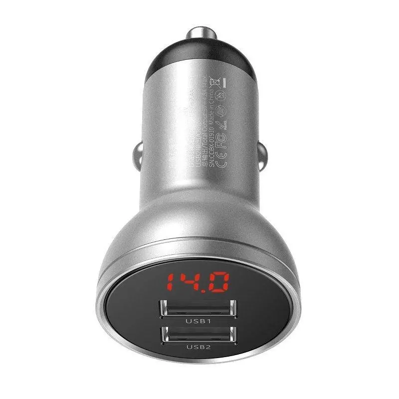 Ładowarka samochodowa Baseus z wyświetlaczem 2x USB 4,8A 24W Srebrny