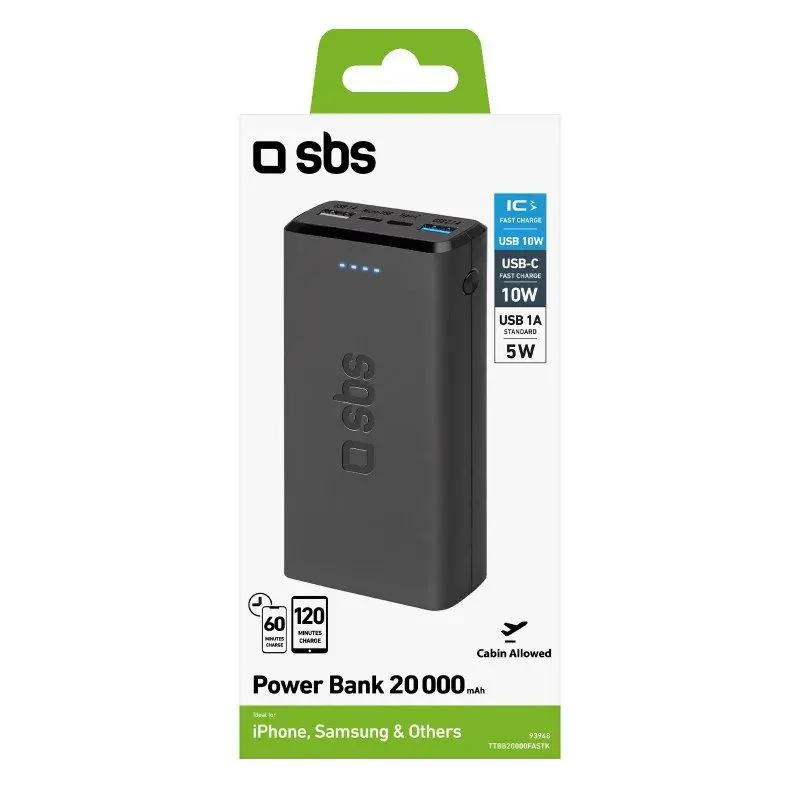 Powerbank SBS TTBB20000FASTK 20000mAh USB-C + micro USB 10W Czarny
