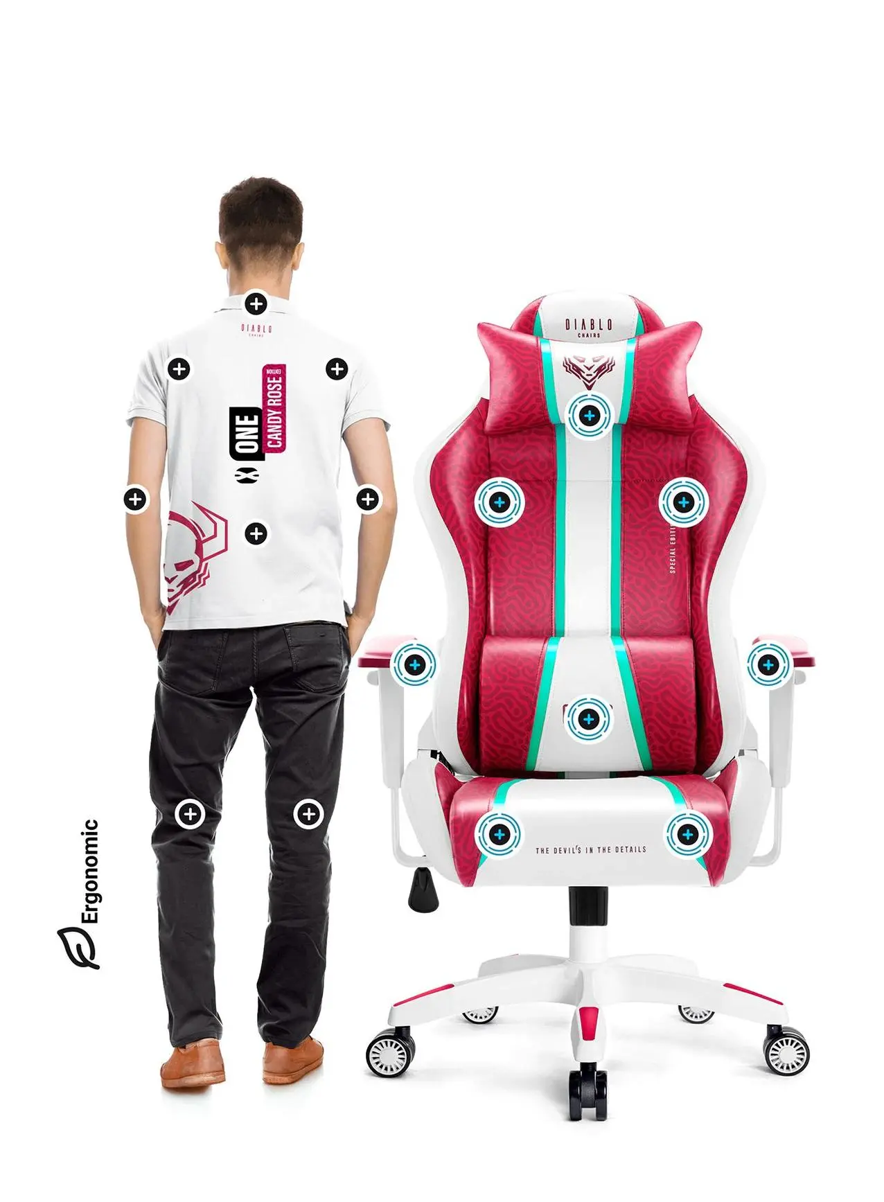 Fotel Diablo Chairs X-One 2.0 Normal Size Gamingowy do 136kg Skóra ECO Tkanina Biało-czerwony