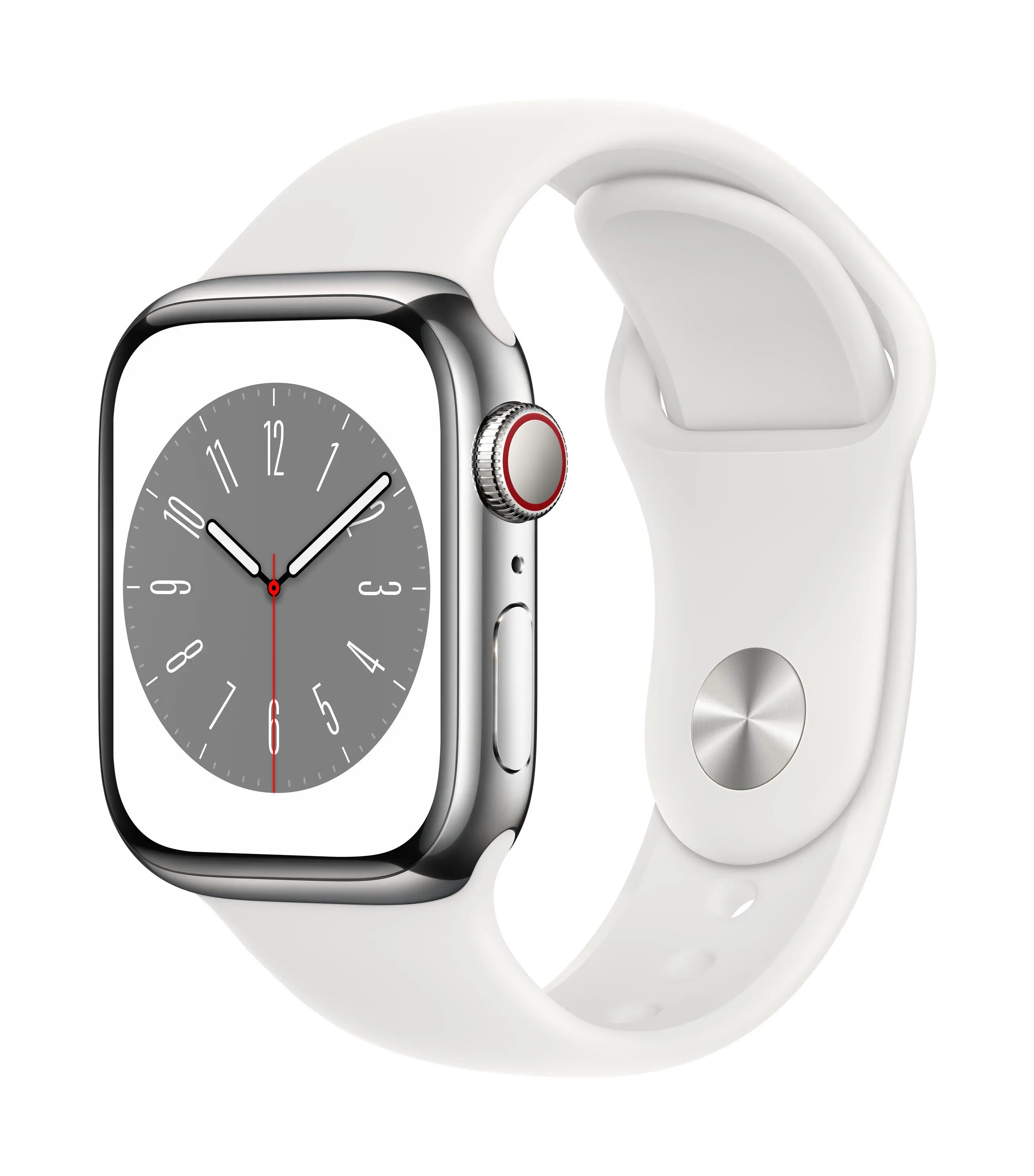 Apple Watch Series 8 GPS - Cellular 41mm koperta ze stali nierdzewnej srebrny - pasek sportowy biały