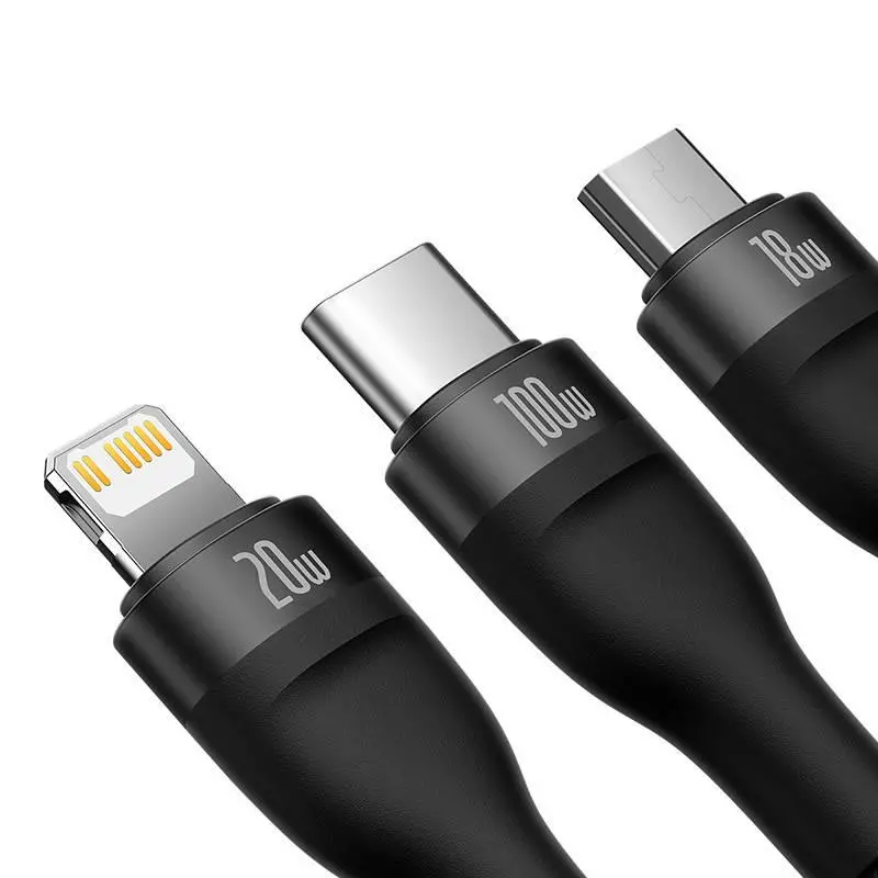 Kabel Baseus Flash Series 2 3w1 USB-C + micro USB + Lightning 100W 1,5m Czarny