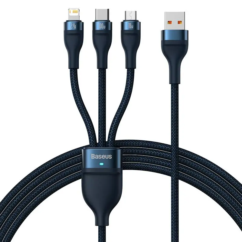 Kabel Baseus Flash Series 3w1 USB-C + micro USB + Lightning 100W 1,2m Niebieski
