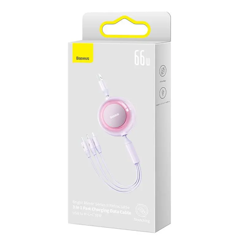 Kabel Baseus CAMJ010105 USB 3w1 Bright Mirror 3 micro USB Lightning USB-C 66W 2A 1,1m Fioletowy