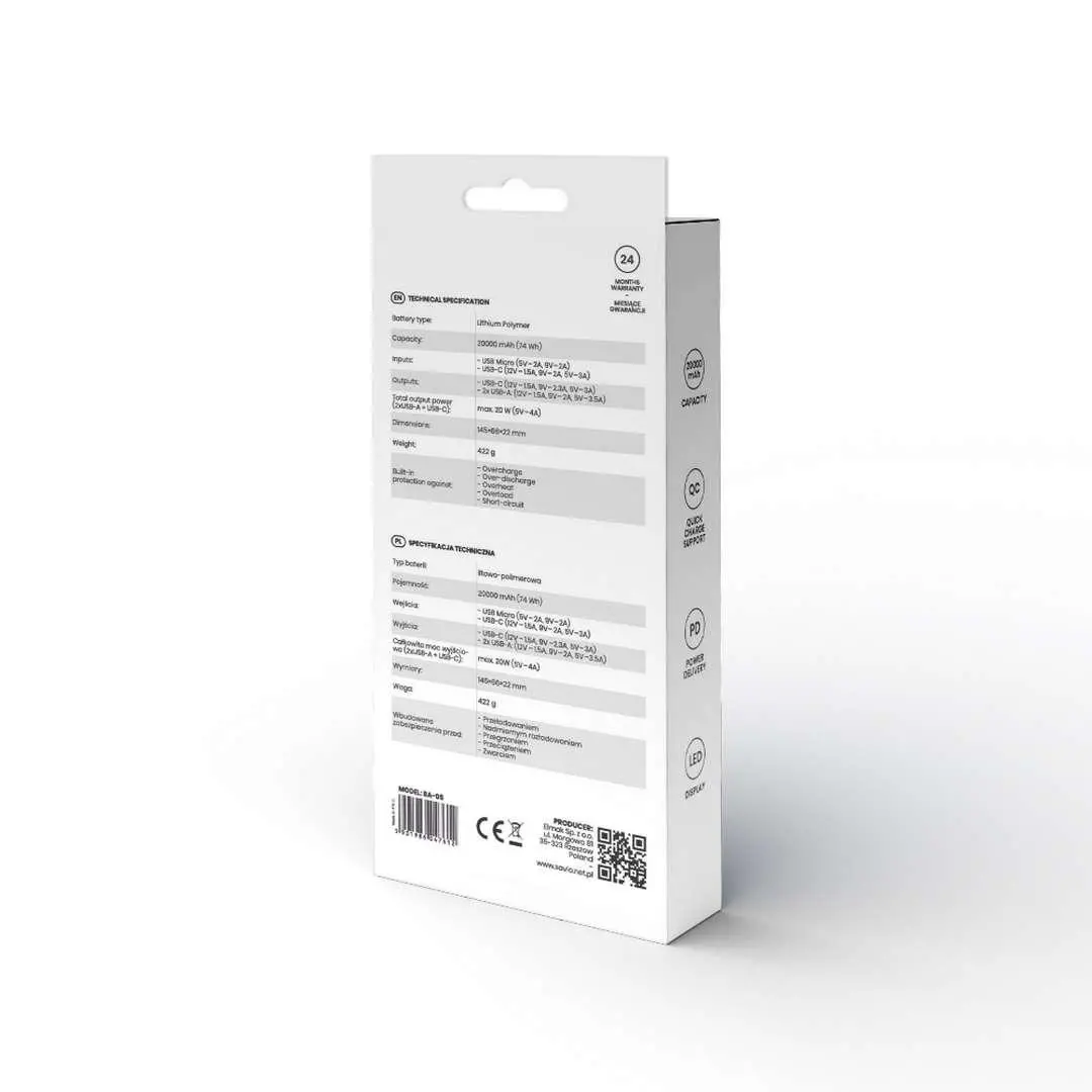 Powerbank Savio BA-05 20000mAh 20W Czarny
