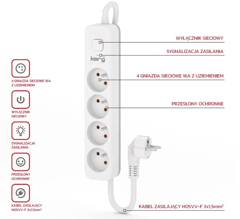 Przedłużacz Kerg M02395 4 gniazda 1,5m Biały