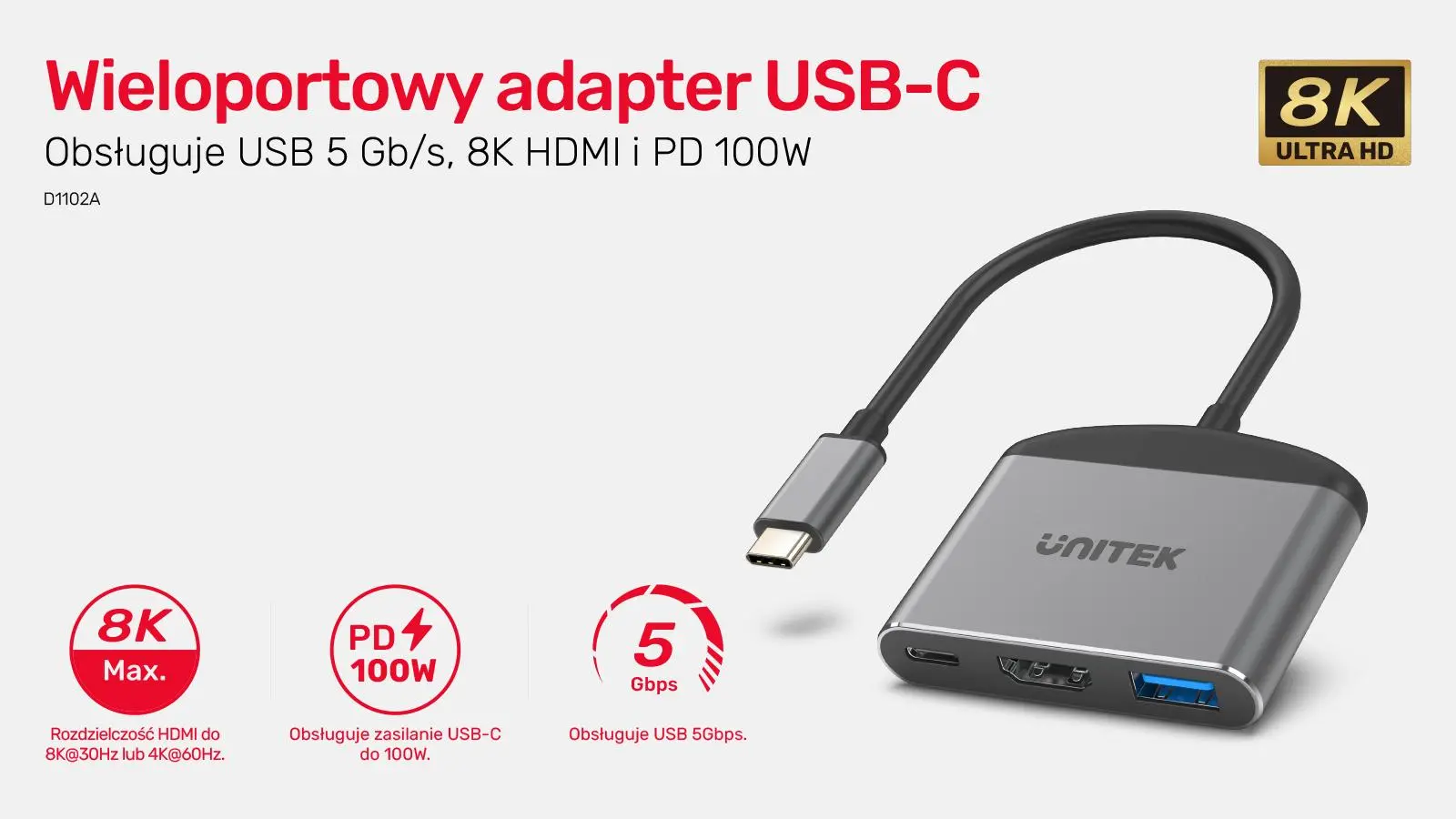 Adapter Unitek D1102A USB-C na HDMI 8K, USB-A, USB-C 100W Szary