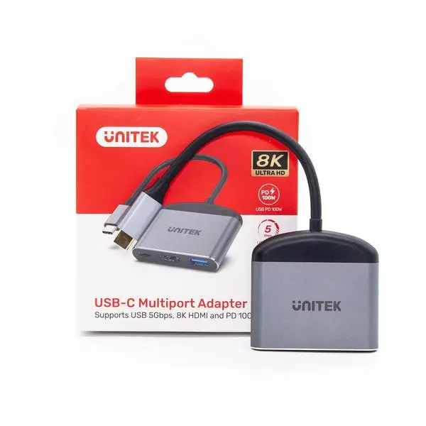 Adapter Unitek D1102A USB-C na HDMI 8K, USB-A, USB-C 100W Szary