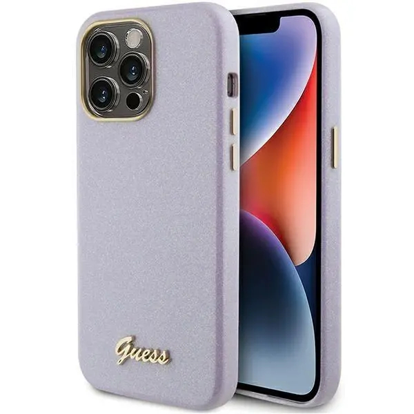 Etui Guess Glitter Glossy Script GUHCP15LPGMCSL do iPhone 15 Pro Fioletowy