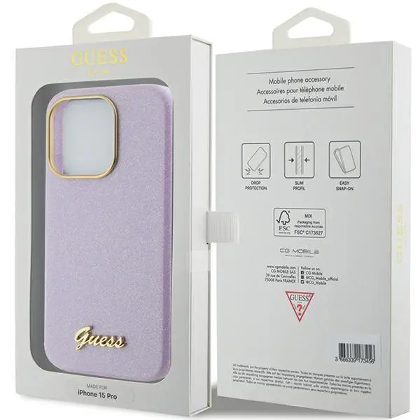 Etui Guess Glitter Glossy Script GUHCP15LPGMCSL do iPhone 15 Pro Fioletowy