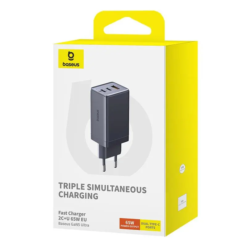 Ładowarka sieciowa Baseus GaN5 2x USB-C + USB 65W + kabel 1m Szary