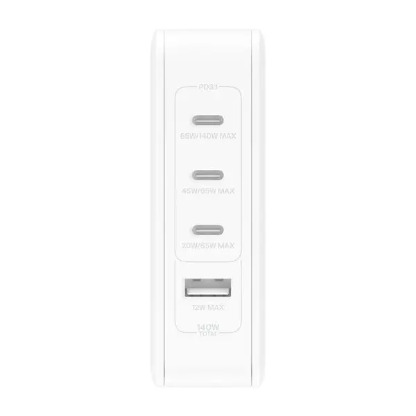 Ładowarka sieciowa Belkin WCH014BTWH, GaN, 140W, PD, 1x USB-A, 3x USB-C, Zestaw Wtyczek US, UK i EU