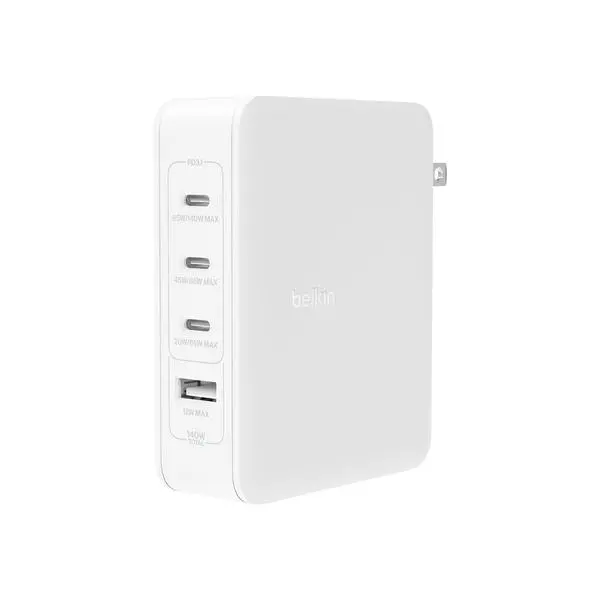 Ładowarka sieciowa Belkin WCH014BTWH, GaN, 140W, PD, 1x USB-A, 3x USB-C, Zestaw Wtyczek US, UK i EU