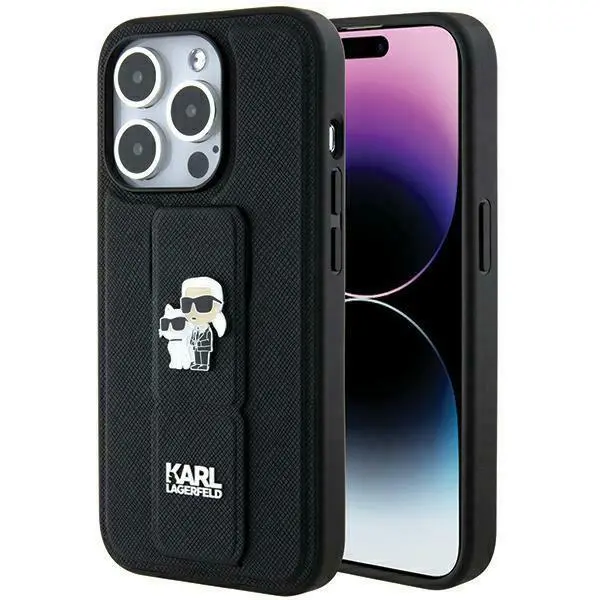 Etui Karl Lagerfeld Gripstand Saffiano Karl&Choupette Pins KLHCP14XGSAKCPK do iPhone 14 Pro Max Czarny