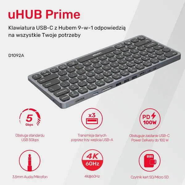Klawiatura membranowa Unitek D1092A 9w1 Szary