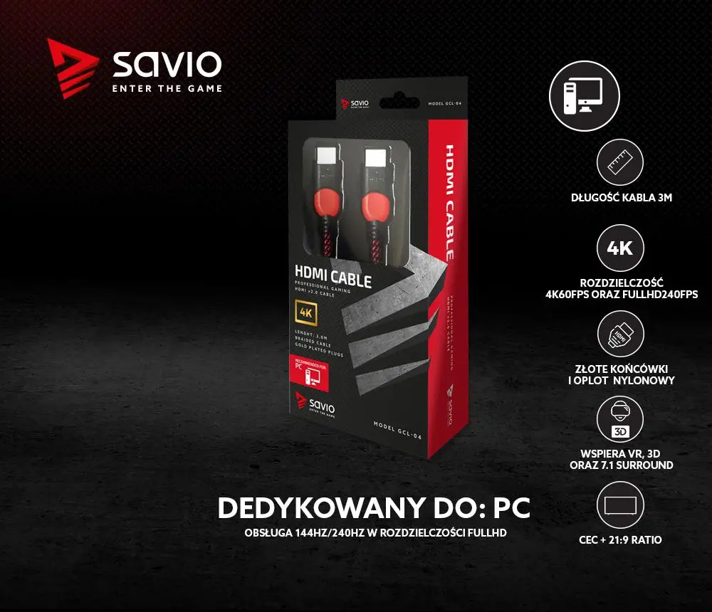 Kabel HDMI Savio GCL-04 3m Czerwony