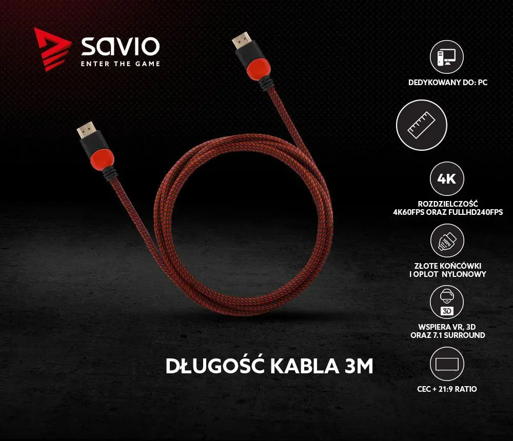 Kabel HDMI Savio GCL-04 3m Czerwony