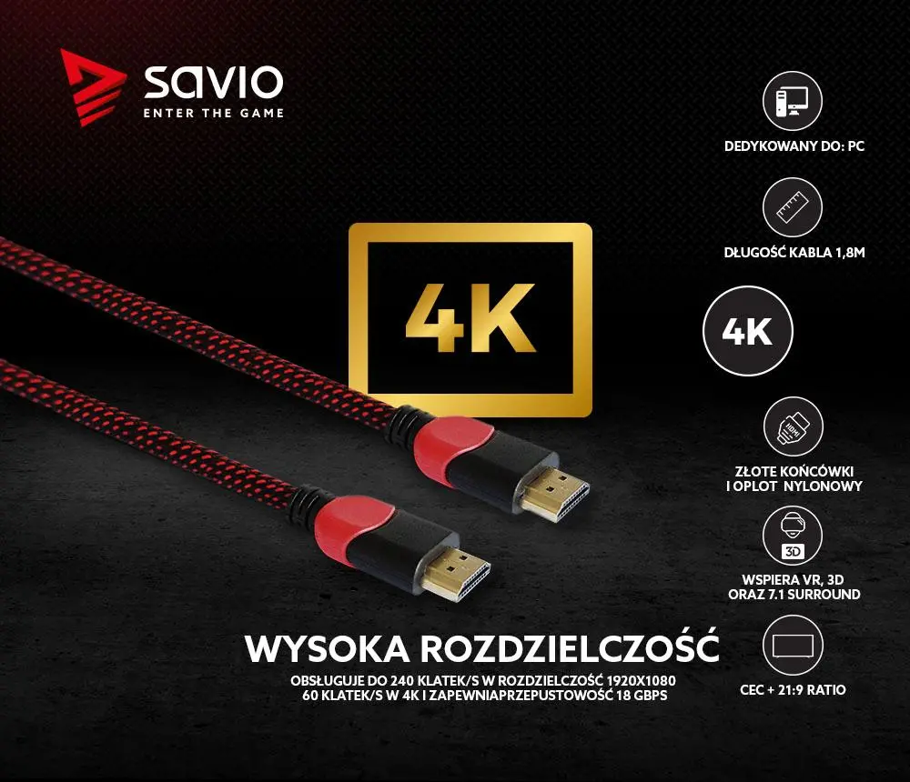 Kabel HDMI Savio GCL-04 3m Czerwony