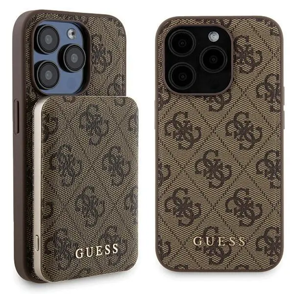 Etui Guess Zestaw do iPhone 15 Pro + Powerbank 5000mAh MagSafe 4G Metal Logo Brązowy