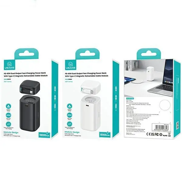 Powerbank USAMS Fast Charge XMF Series ze zwijanym kablem USB-C 18000mAh PD45W Biały