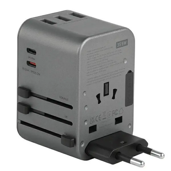 Ładowarka sieciowa Energea 3xUSB+2xUSB-C PD-PPS-QC 3.0 35.5W 3A2C 4w1 US/UA/EU/UK Travelworld Szary