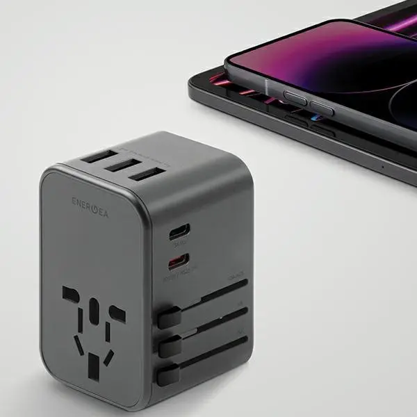 Ładowarka sieciowa Energea 3xUSB+2xUSB-C PD-PPS-QC 3.0 35.5W 3A2C 4w1 US/UA/EU/UK Travelworld Szary