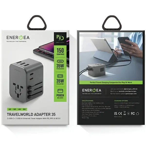 Ładowarka sieciowa Energea 3xUSB+2xUSB-C PD-PPS-QC 3.0 35.5W 3A2C 4w1 US/UA/EU/UK Travelworld Szary