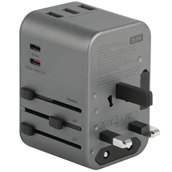 Ładowarka sieciowa Energea 3xUSB+2xUSB-C PD-PPS-QC 3.0 35.5W 3A2C 4w1 US/UA/EU/UK Travelworld Szary