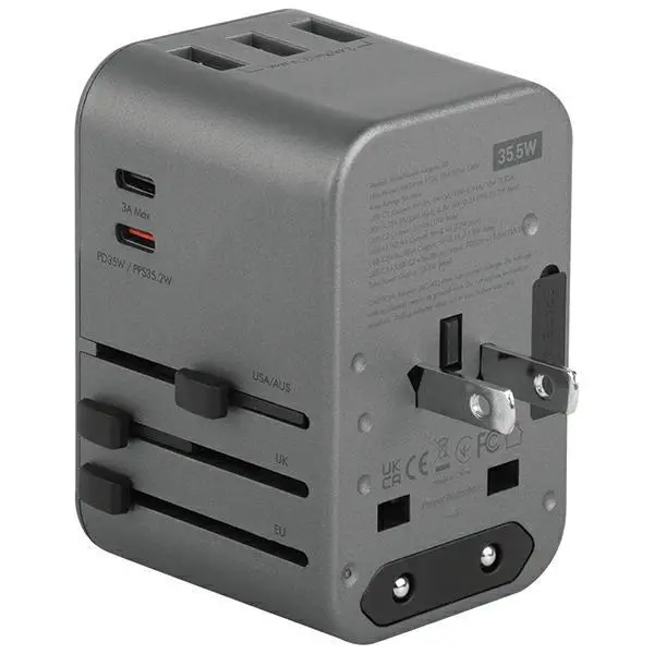Ładowarka sieciowa Energea 3xUSB+2xUSB-C PD-PPS-QC 3.0 35.5W 3A2C 4w1 US/UA/EU/UK Travelworld Szary