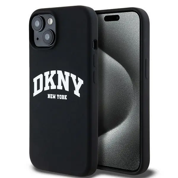 Etui DKNY Hardcase Liquid Silicone White Printed Logo MagSafe do iPhone 15 Plus Czarny
