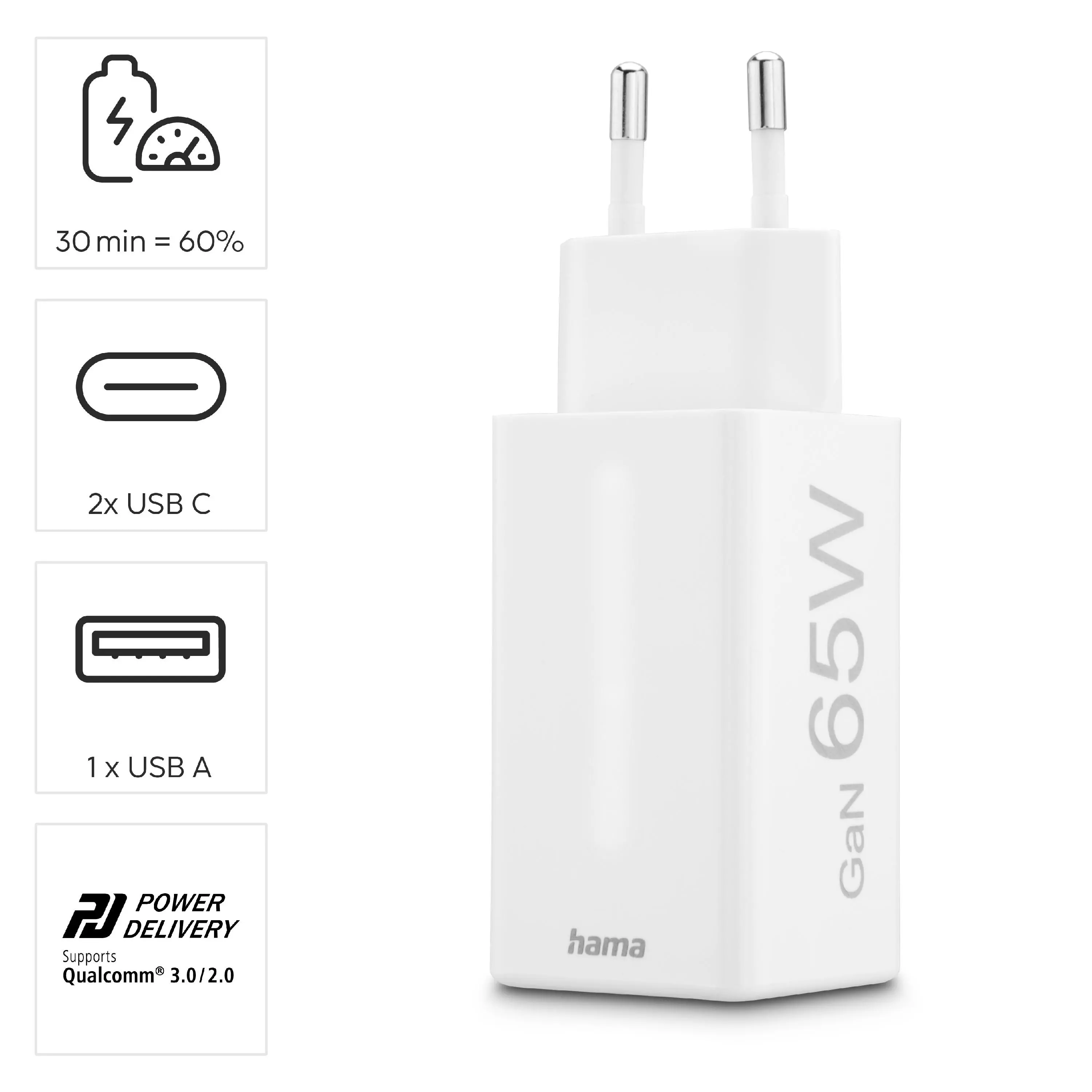 Ładowarka sieciowa Hama mini 65W GaN QC Biały