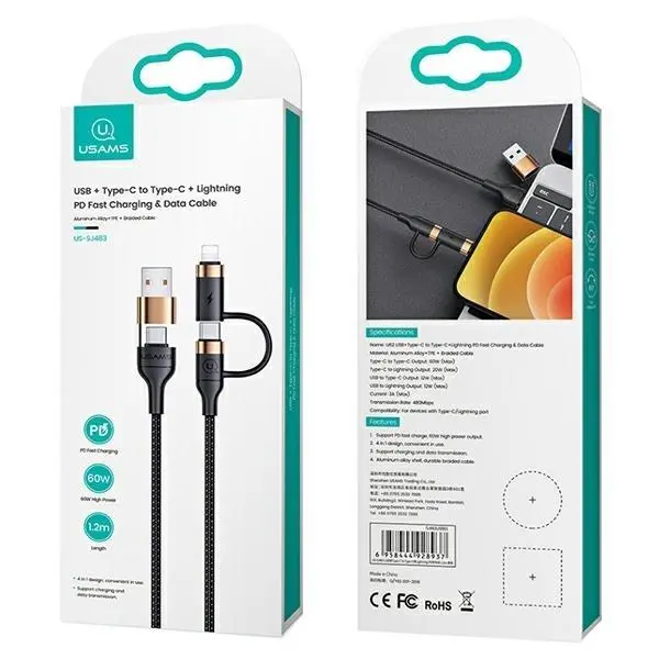 Kabel USAMS U62 2xUSB-C USB Lightning SJ483USB01 1,2m Czarny