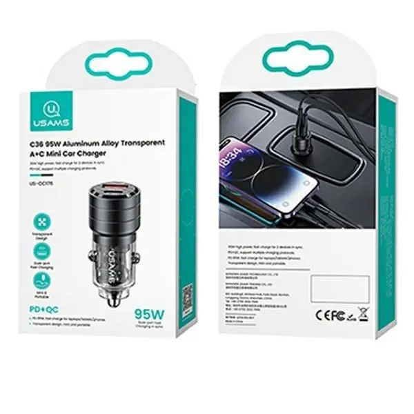 Ładowarka samochodowa USAMS C36 USB+USB-C Fast Charge 95W Czarny