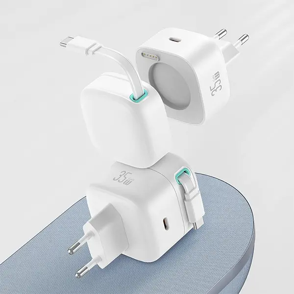 Ładowarka sieciowa USAMS CC202TC01 1xUSB-C ze zwijanym kablem Lighning PD+QC 35W Czarny