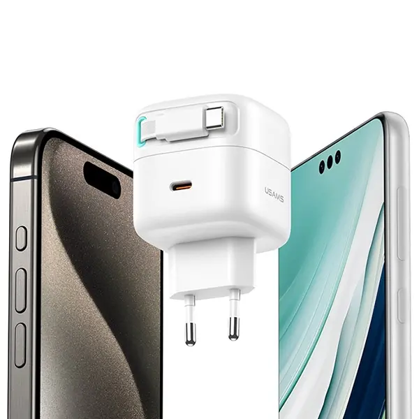 Ładowarka sieciowa USAMS CC202TC01 1xUSB-C ze zwijanym kablem Lighning PD+QC 35W Czarny